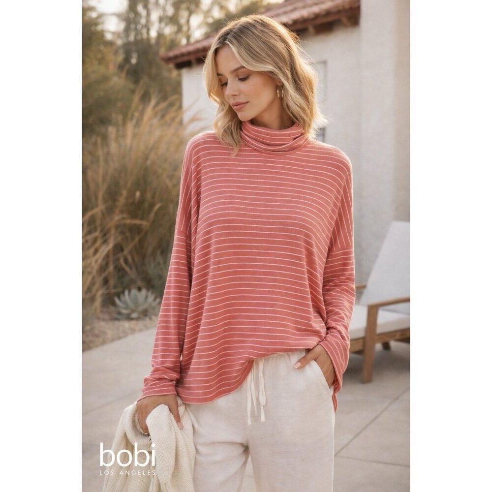 Bobi Los Angeles Women Top Sz Small Rose Pink Stripe Ribbed Turtleneck Oversized